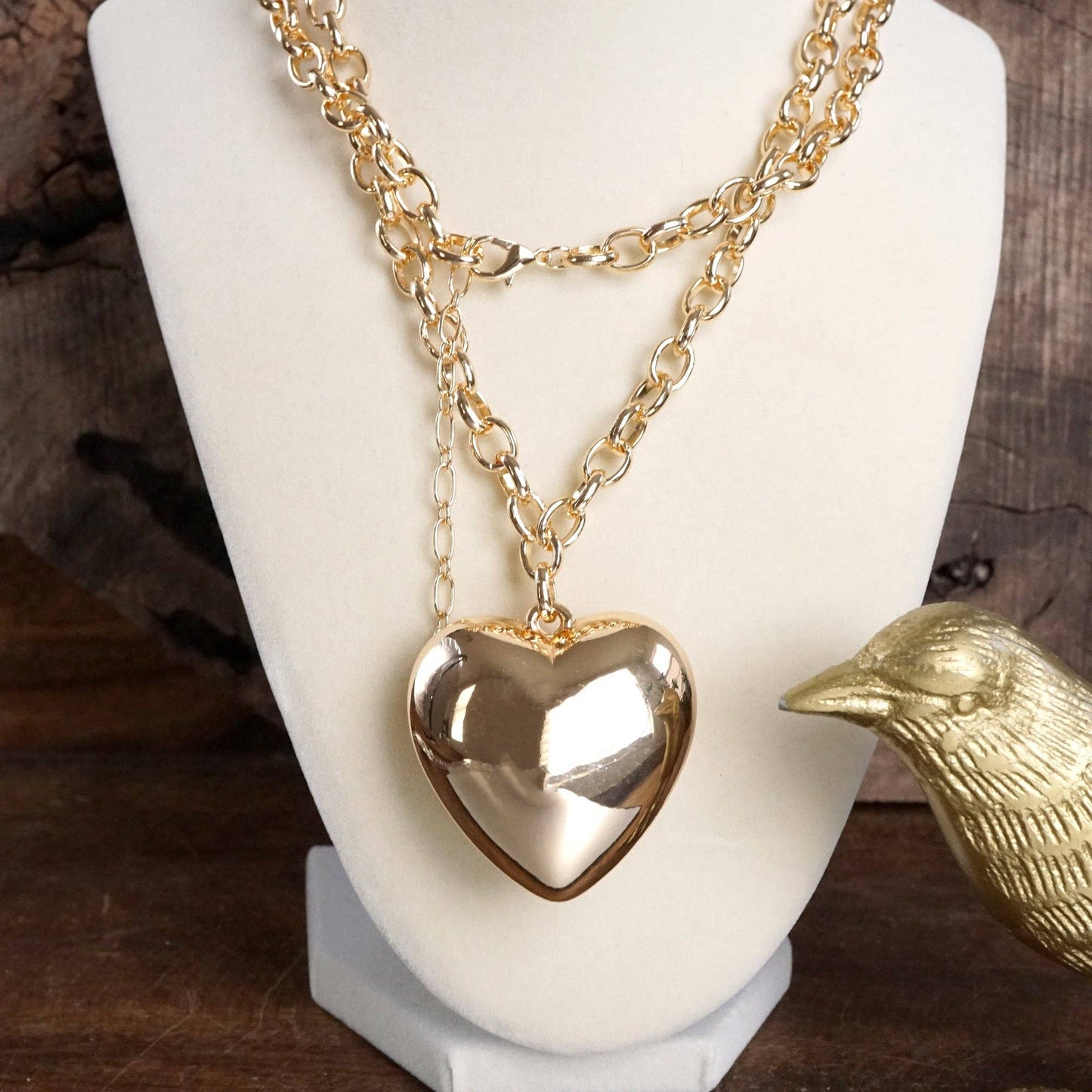 Long Minimal Chain Necklace with Puffy Heart – Gold or Silver Tone: Gold Tone