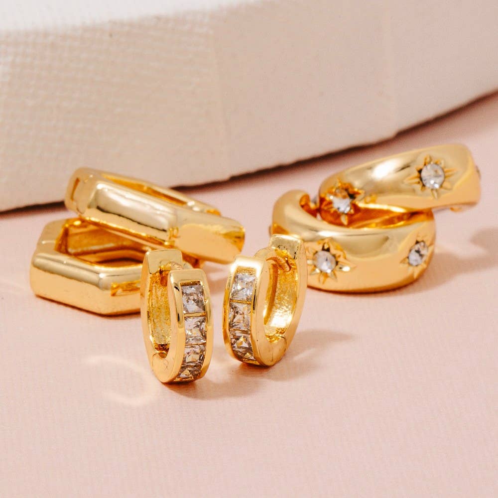 Secret Box Gold Dipped 3 Pair Mixed Cz Hoop Earrings Set