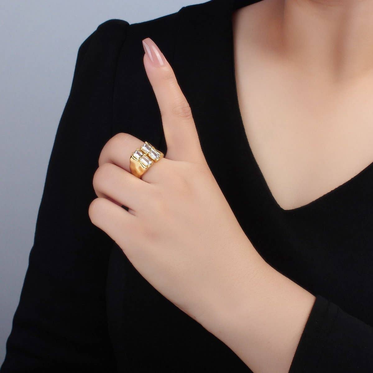 24K Gold Filled Double Baguette CZ Signet Wrap Ring | U330