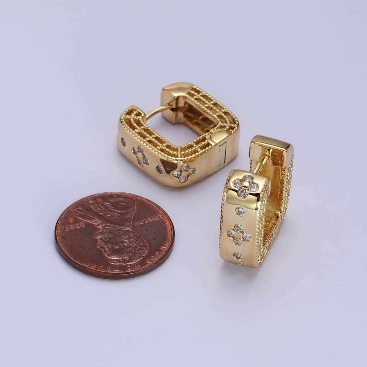 24K Gold Filled Clear Quatrefoil CZ Square Huggies Earrings | AB196