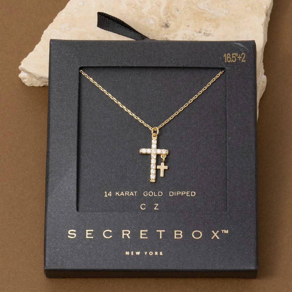 Secret Box Gold Dipped Cz Cross Pendant Necklace: WG