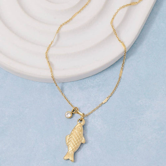 Stainless Steel Fish And Cz Gem Pendant Necklace: G