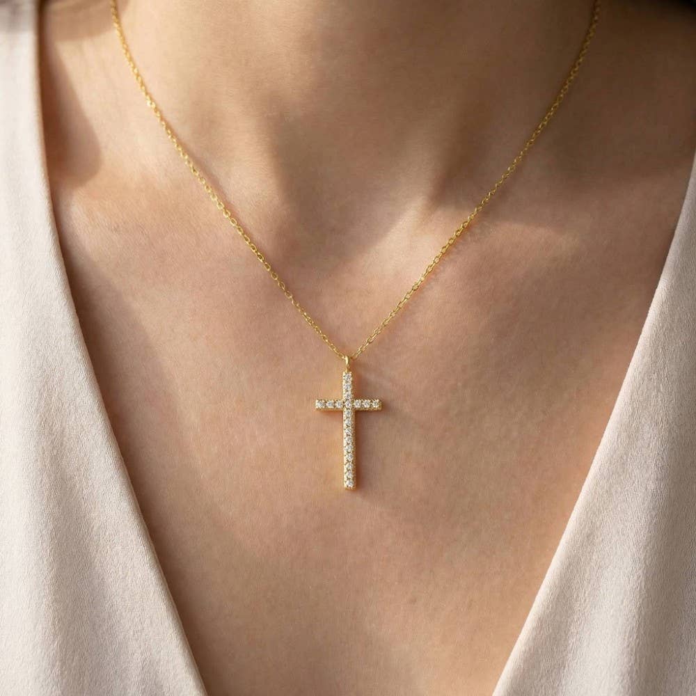 Gold Dipped Cz Pave Cross Pendant Necklace: G