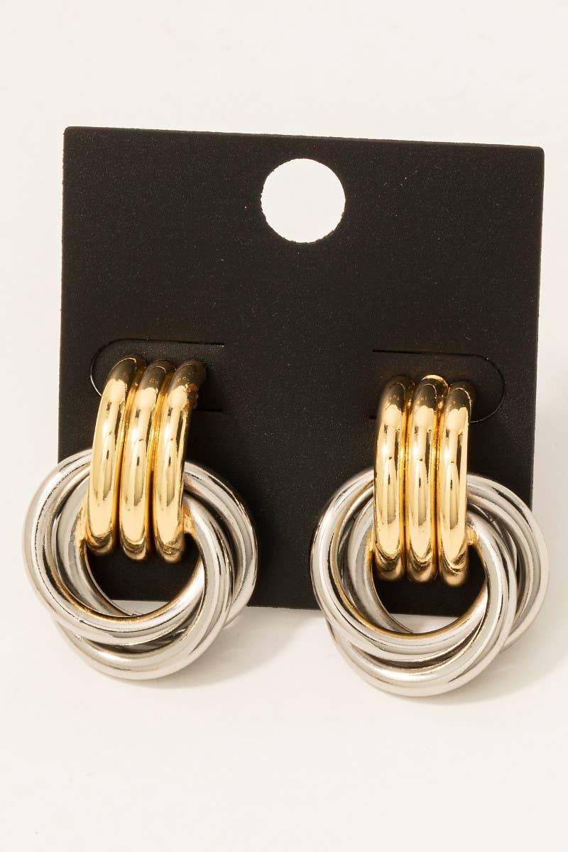 Gold Dipped Two Tone Multi Layered Link Dangle Earrings: Gold