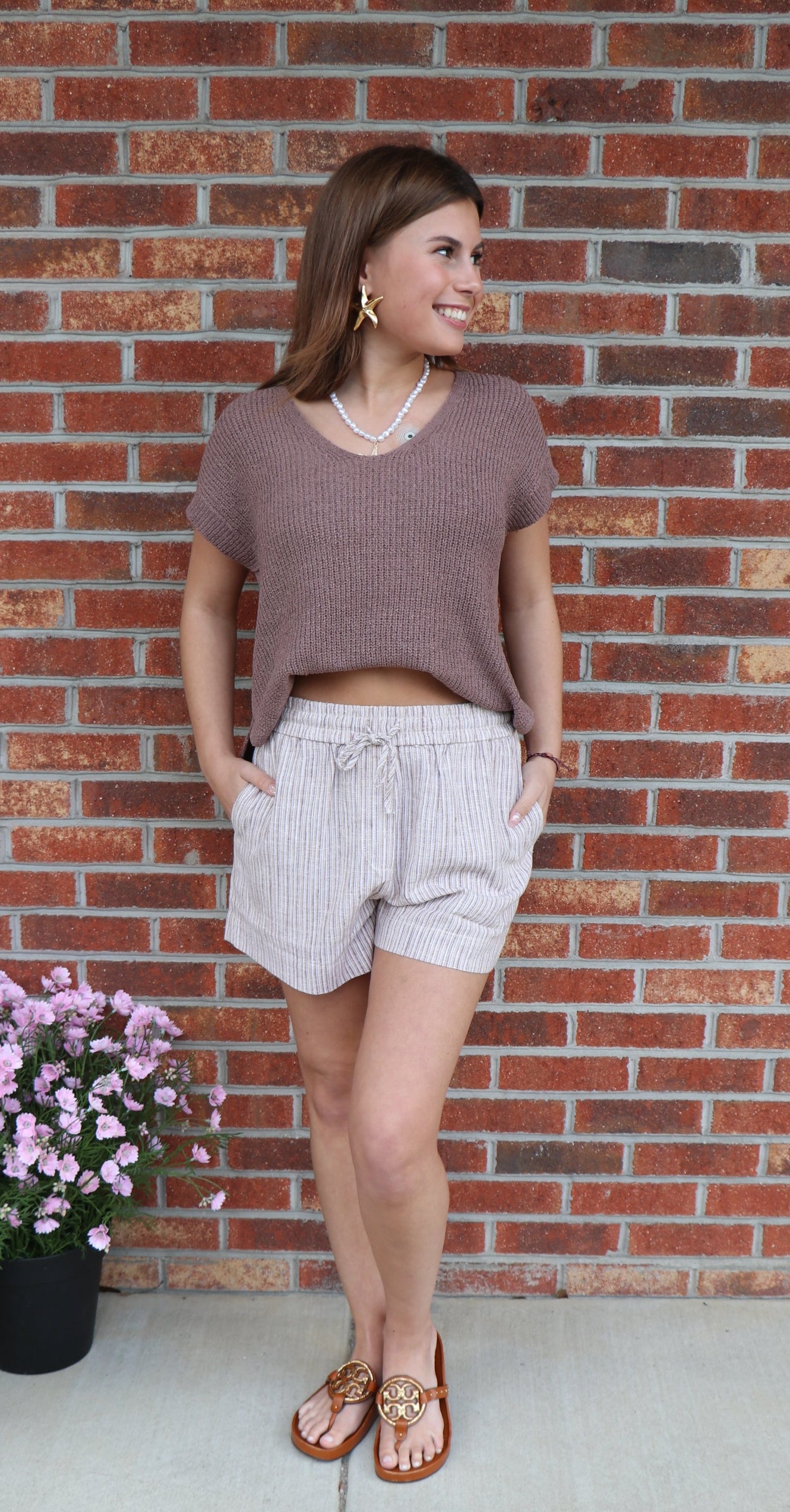 Linen Blend Striped Shorts in Brown