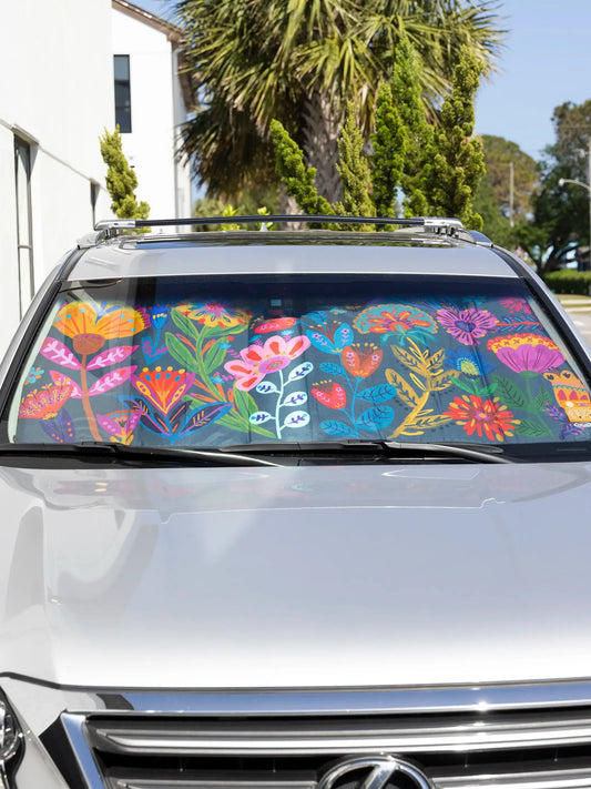 Natural Life Car Sun Shade - Navy Folk Flower