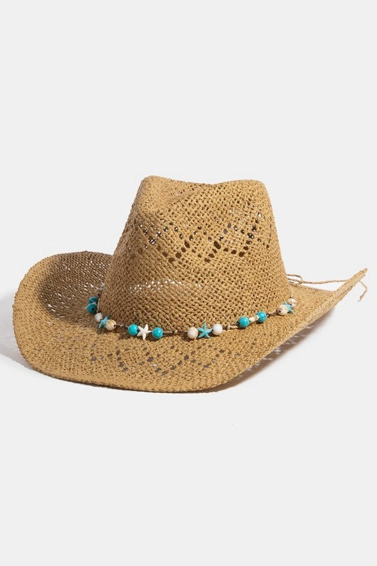 Turquoise and Shell Straw Hat