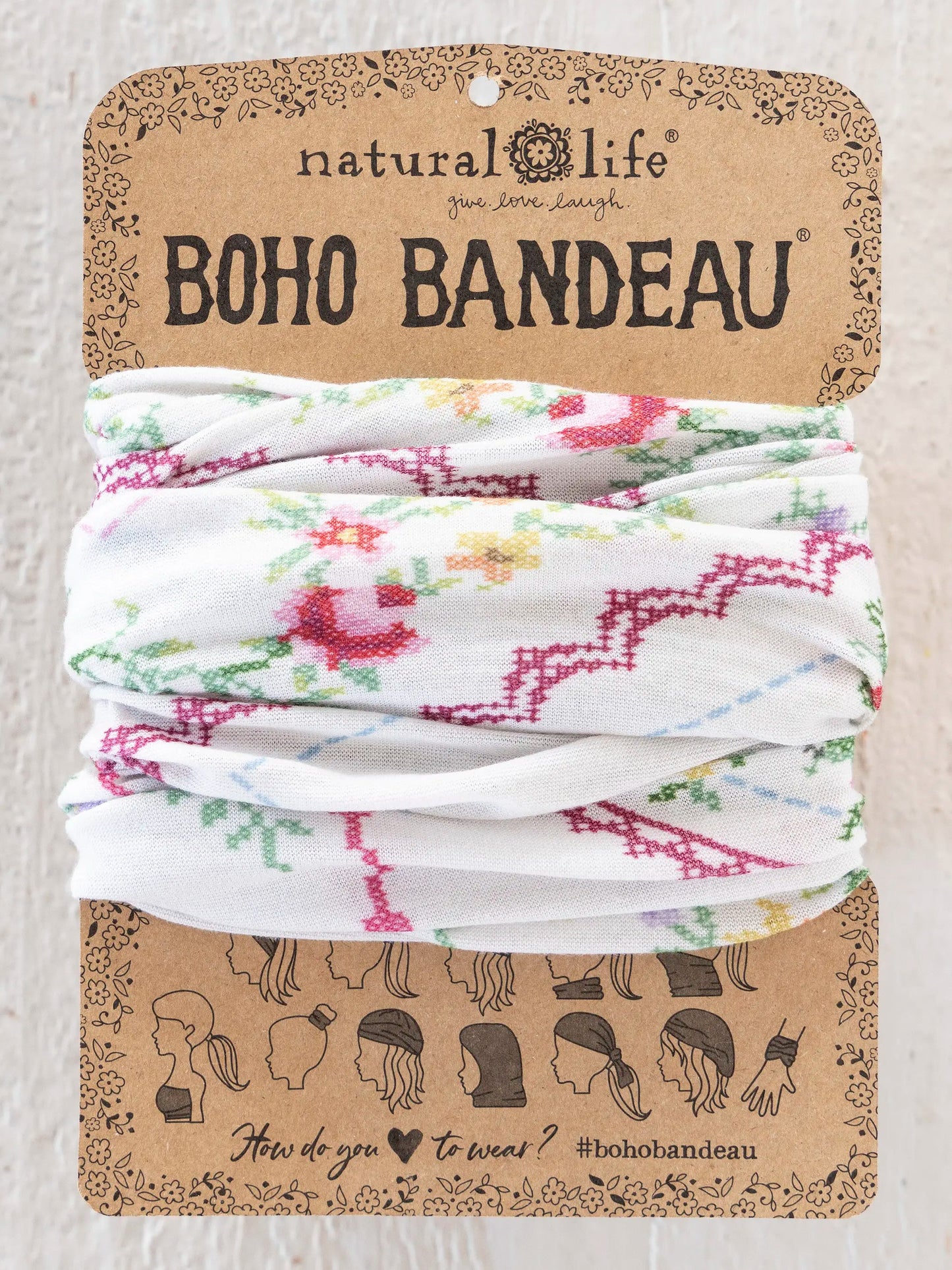 Natural Life Full Boho Bandeau® Headband - Heirloom Cross Stitch Ivory