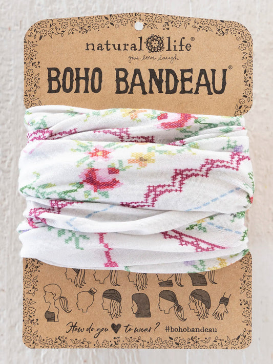 Natural Life Full Boho Bandeau® Headband - Heirloom Cross Stitch Ivory
