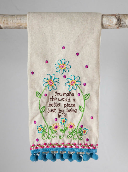 Natural Life Linen Embroidered Hand Towel - You Make The World Better