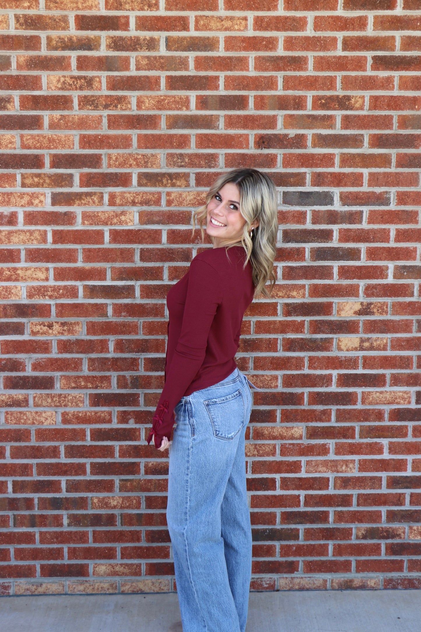 Wine Long Sleeve Button Down Top