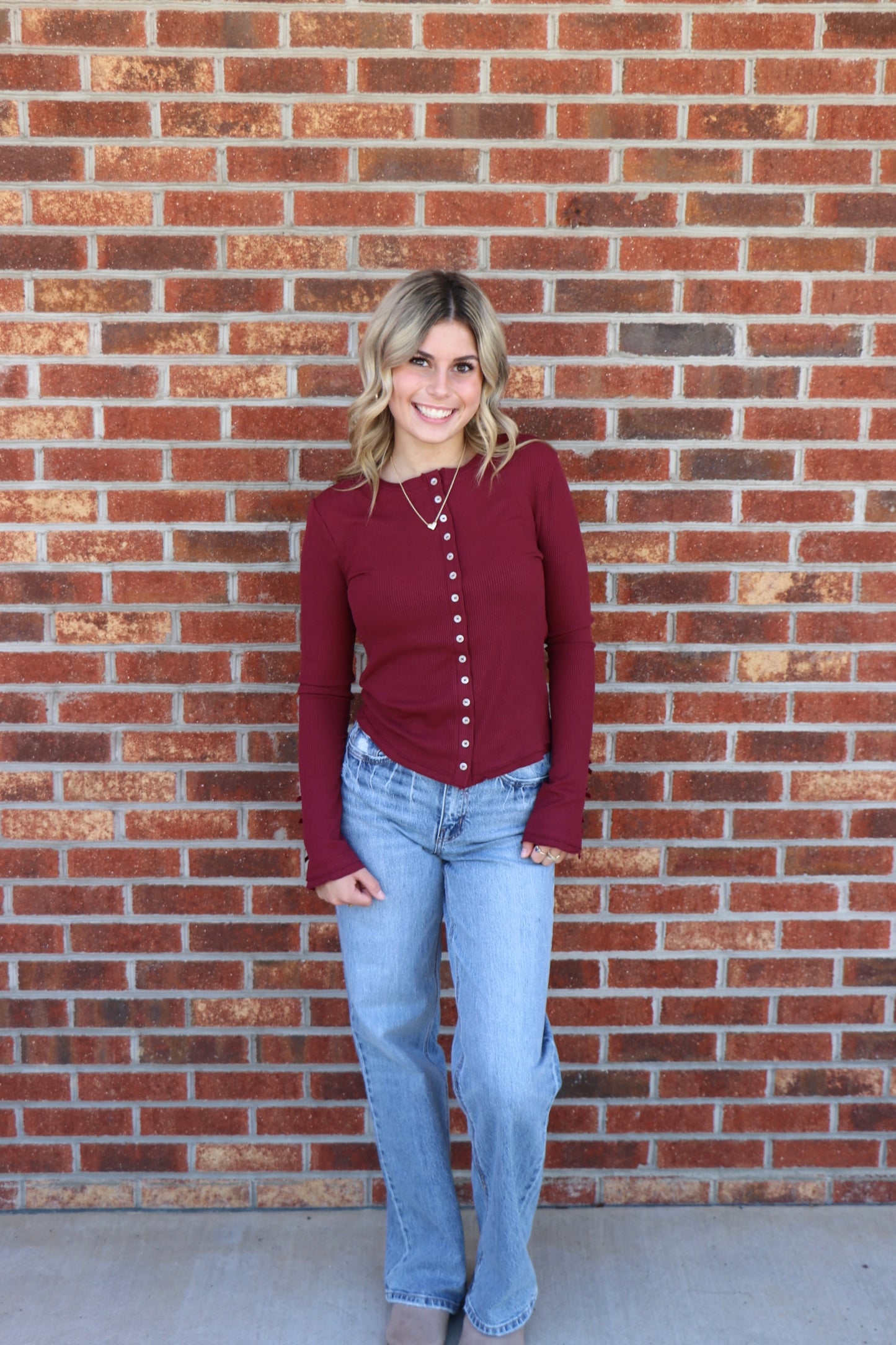 Wine Long Sleeve Button Down Top