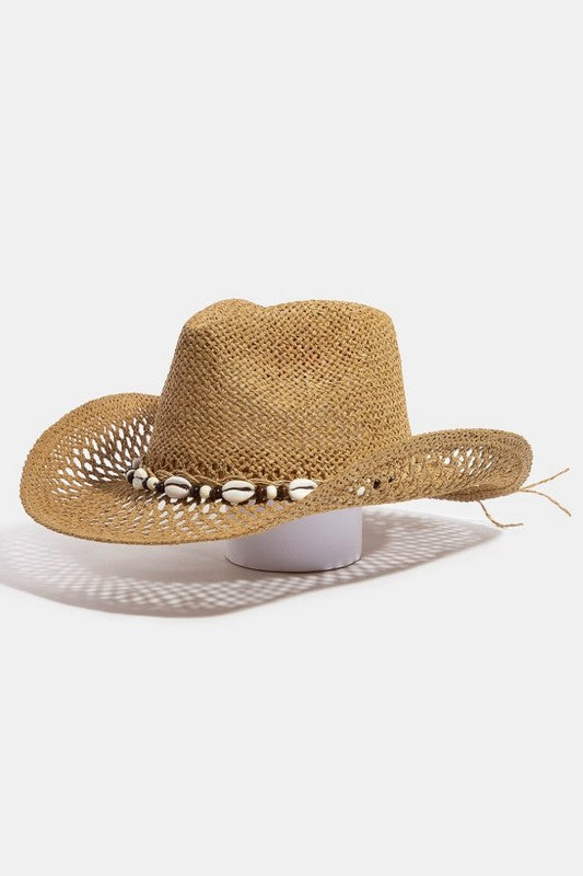 Shell And Beads Strap Straw Cowboy Hat