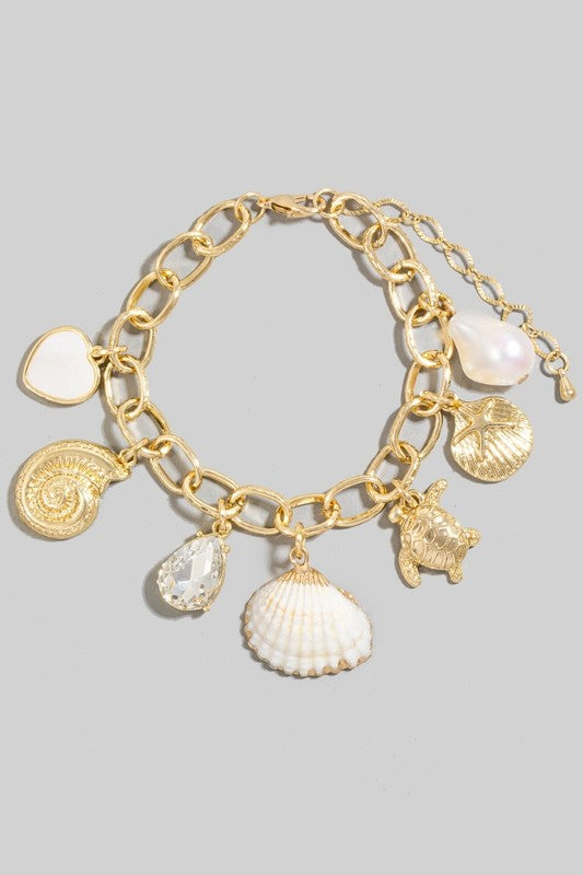 Mixed Heart Pearl Sea Life Charms Chain Bracelet