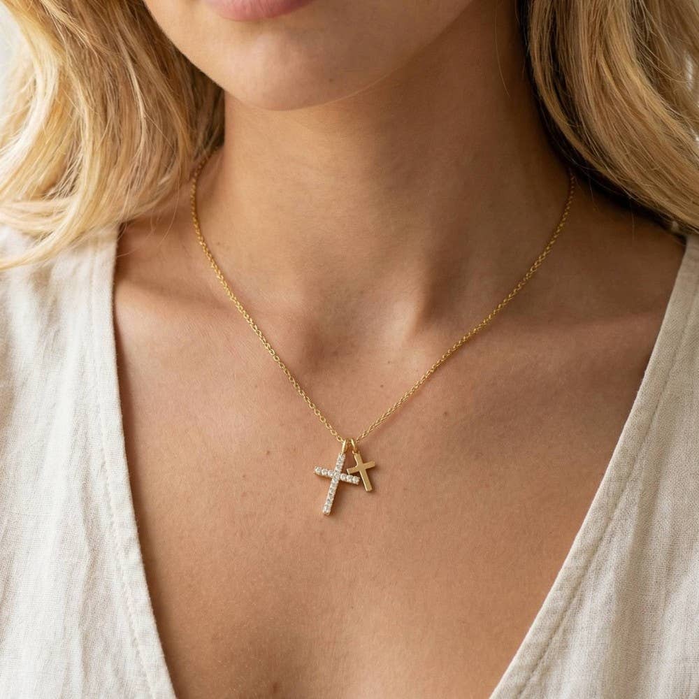 Cz Pave Double Cross Pendant Necklace: G