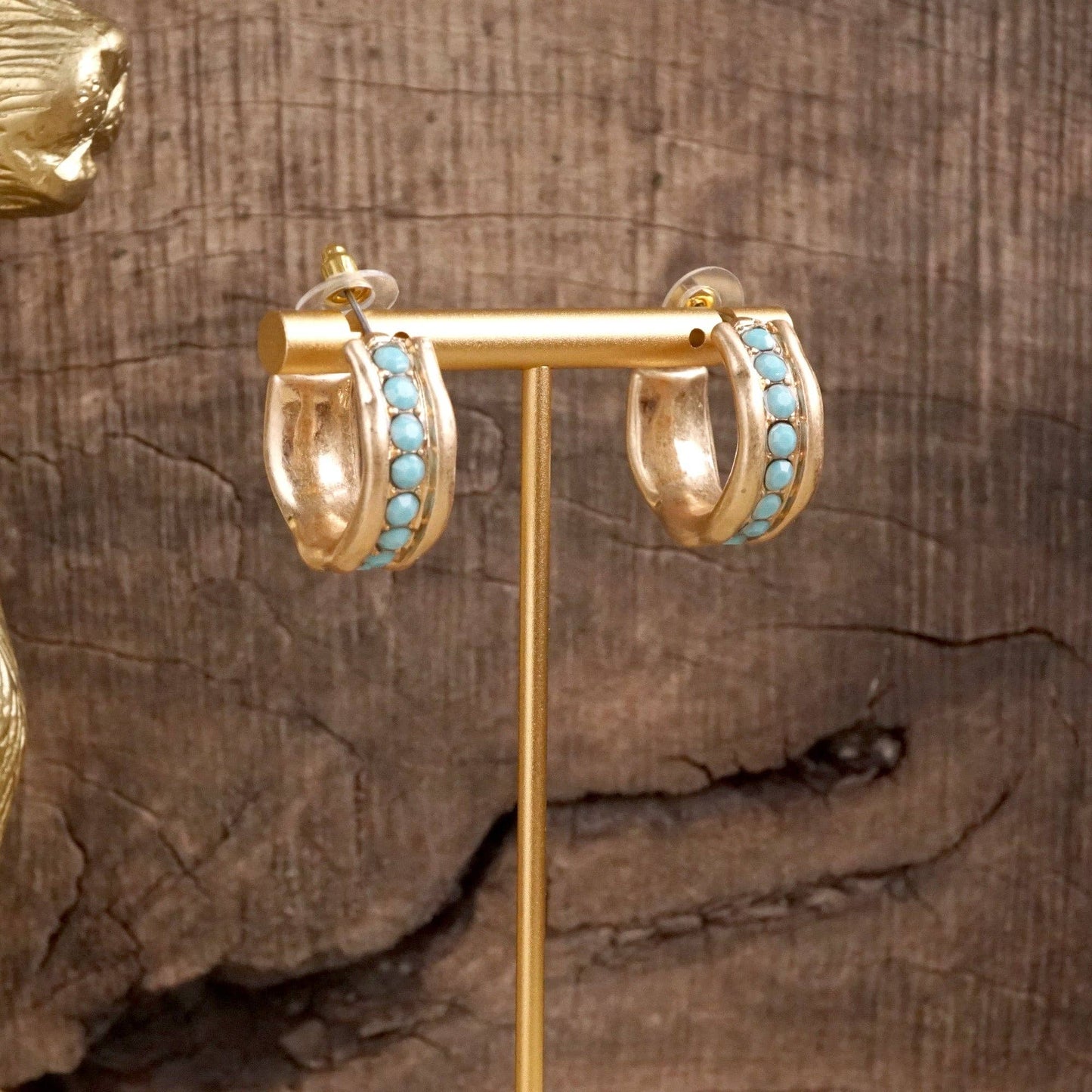 Minimalist Hoops with Faux Pearls or Turquoise – Brushed Gold: Turquoise