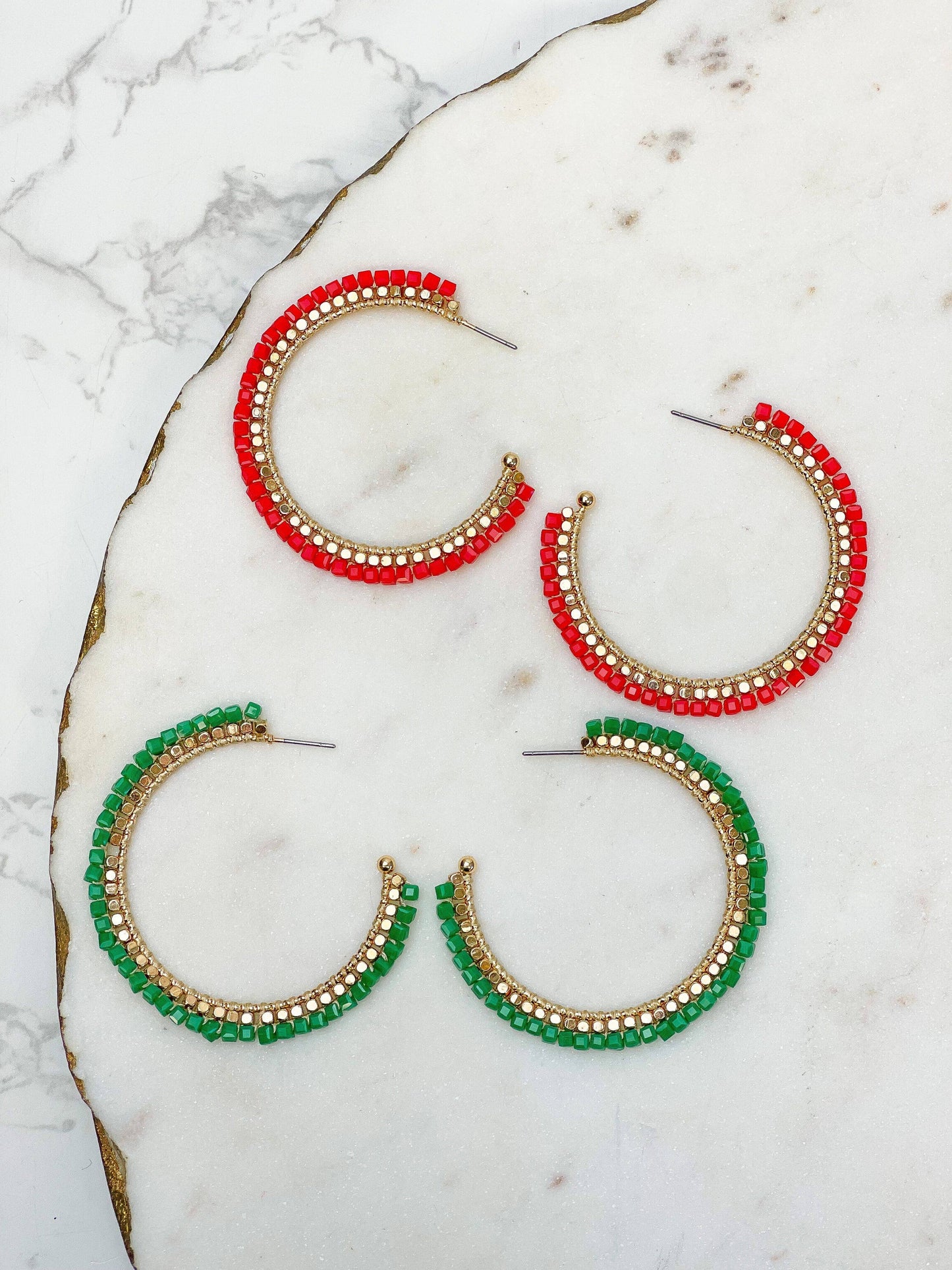 Shiny Bead Holiday Gold Hoop Earrings: Red
