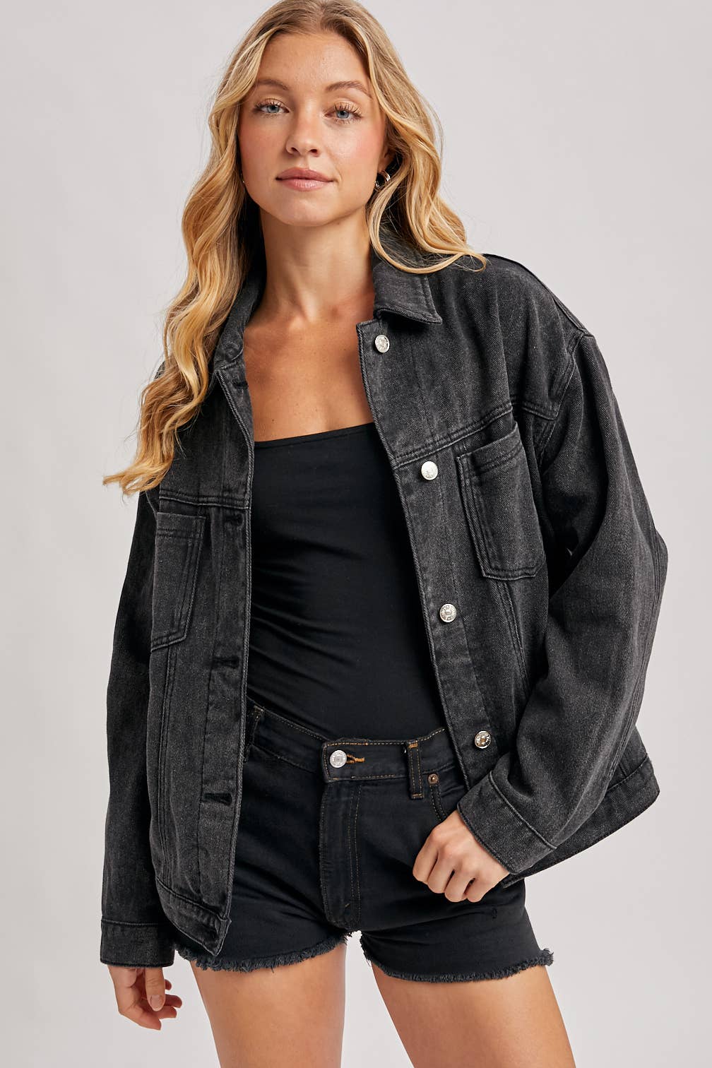DENIM BUTTON DOWN OVERSIZED JACKET: LT.WASH / S
