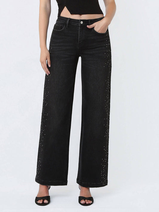 High Rise Black Rhinestone Jeans