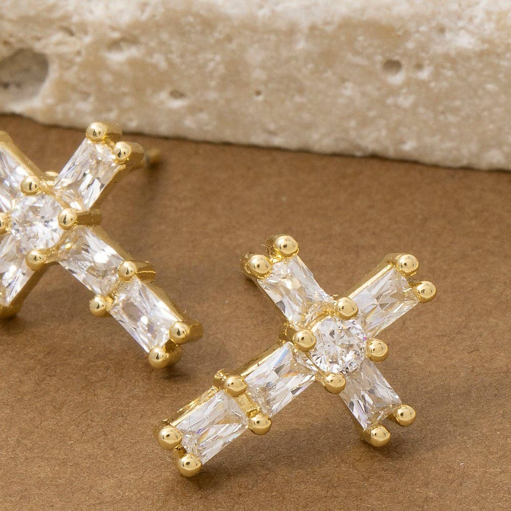 Gold Dipped Cz Baguettes Cross Stud Earrings: G