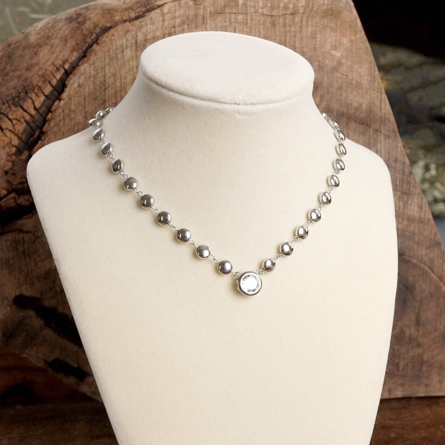 Clear Crystal Bezel Pendant Dot Chain Neckline Necklace: Gold Tone