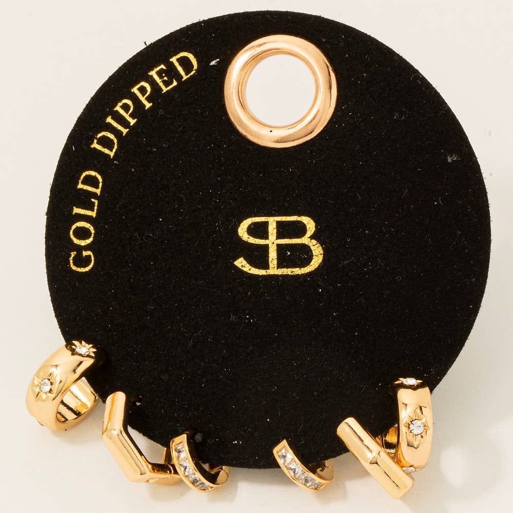 Secret Box Gold Dipped 3 Pair Mixed Cz Hoop Earrings Set