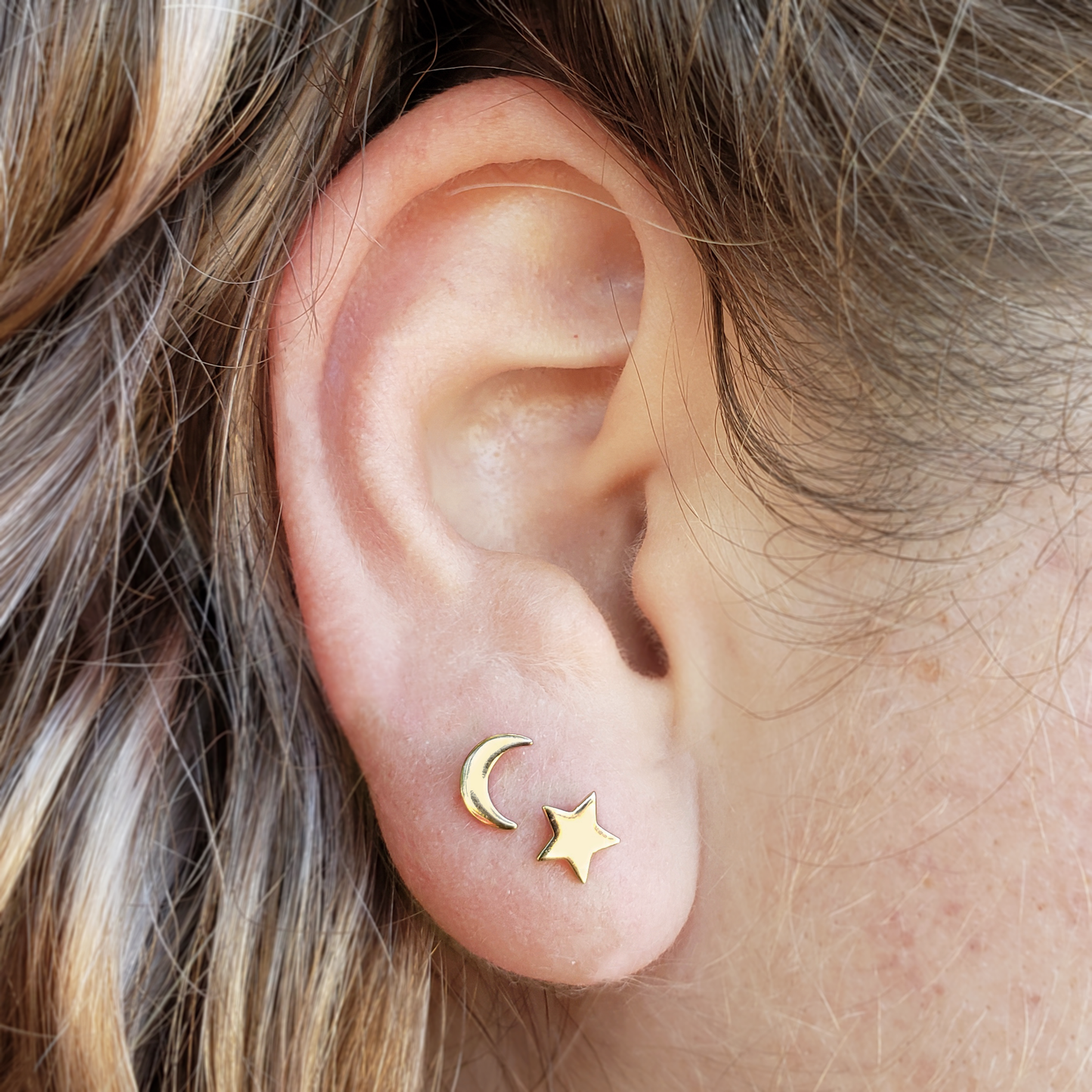 Star and Moon Stud Earrings 7x5mm: 14K Shiny Gold Plated Recycled Sterling Silver
