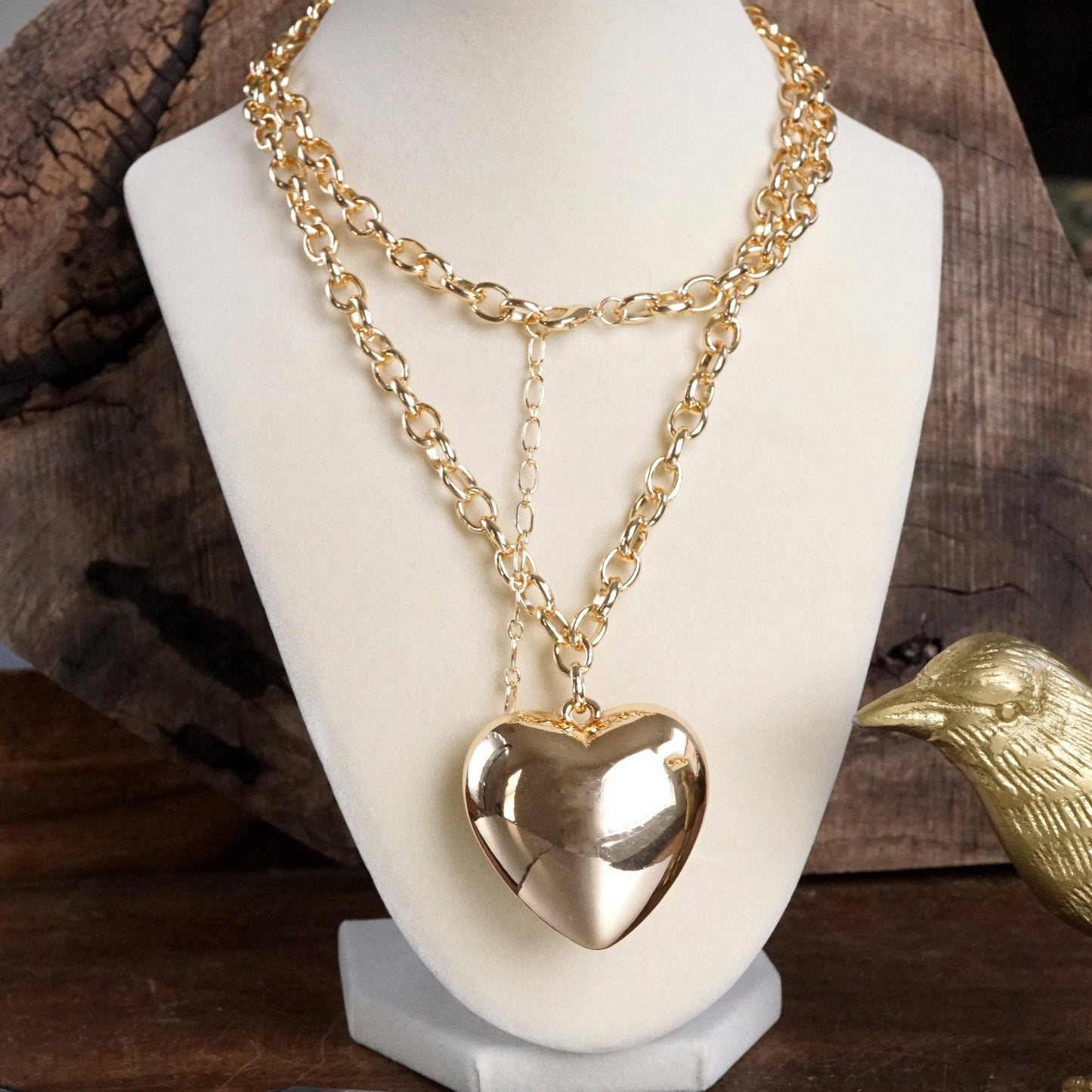 Long Minimal Chain Necklace with Puffy Heart – Gold or Silver Tone: Gold Tone