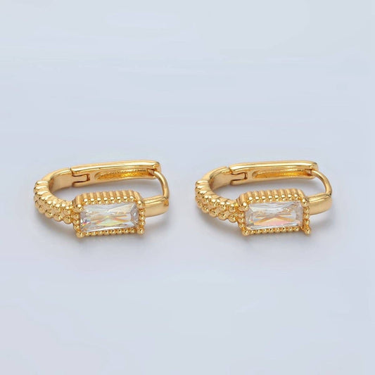 Baguette CZ Dotted Oblong Huggie Earrings