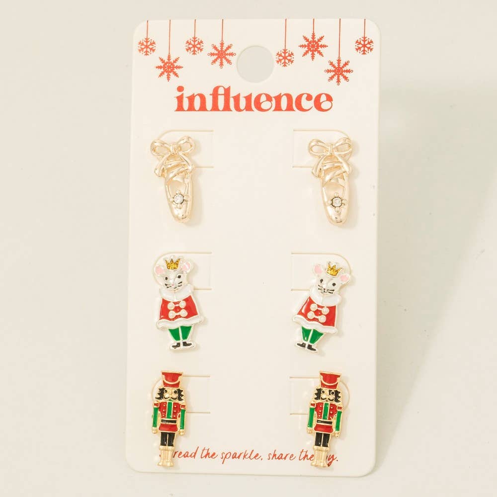 Ballerina Shoes And Christmas Holiday Stud Earrings Set: RED