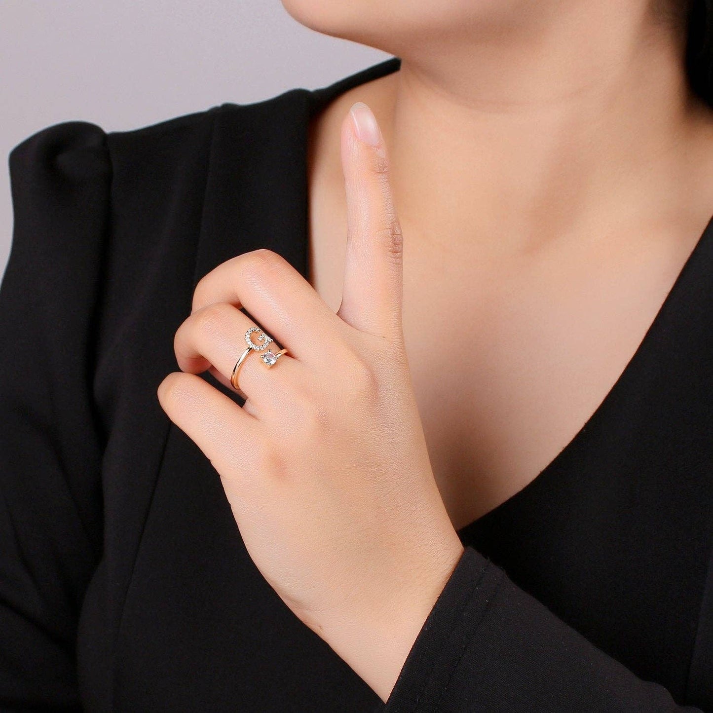 Adjustable Gold Initial Ring With CZ R370~R395: D