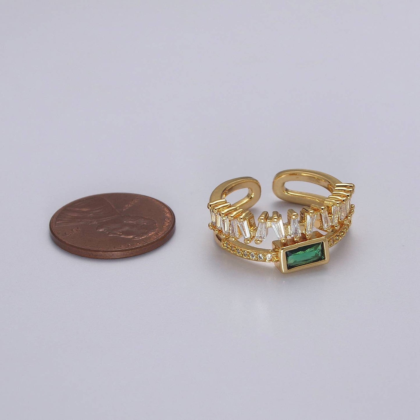 Double Band Baguette Clear CZ Green Emerald Gold Ring