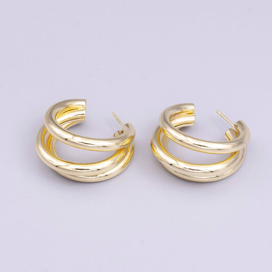 14K Gold Filled 30mm Triple Band Bar C-Shaped Hoop Earrings