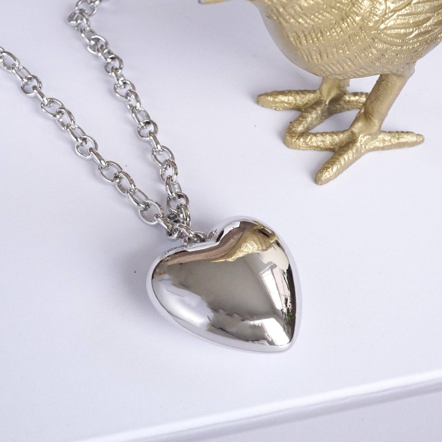 Long Minimal Chain Necklace with Puffy Heart – Gold or Silver Tone: Silver Tone