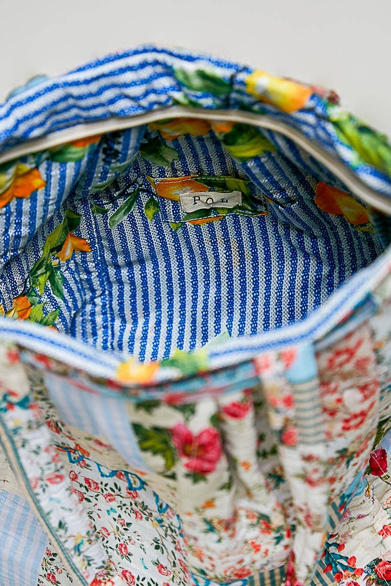 Quilted Patchwork Print Shoulder Tote Bag: IVORY/BLUE / Os