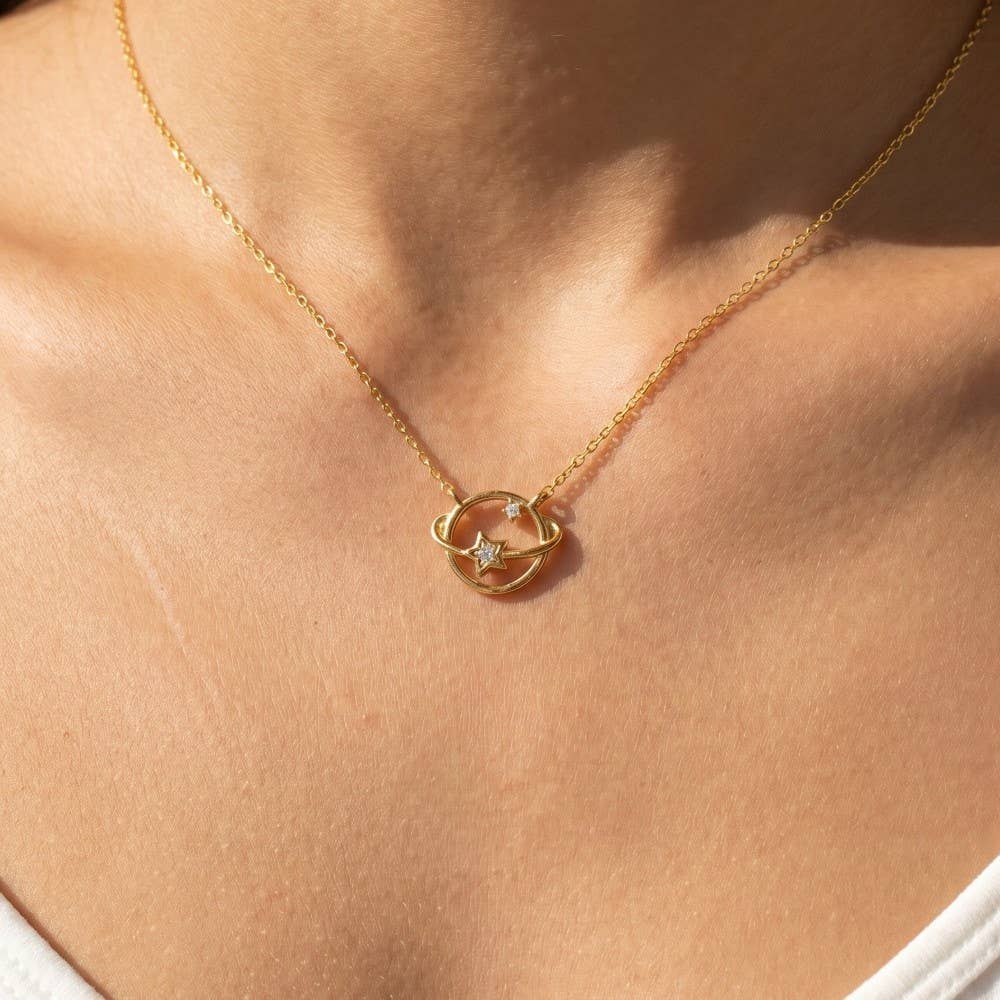 Gold Dipped Studded Star Orbit Pendant Necklace