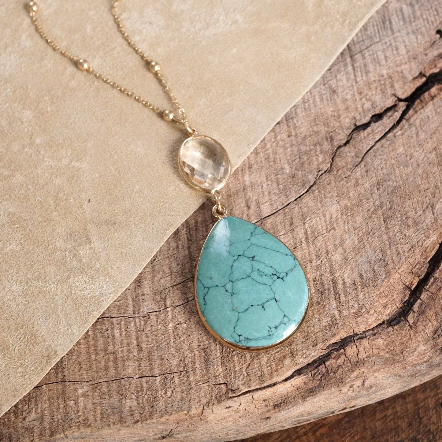 Boho Minimal Long Necklace with Teardrop Natural Stone Pendant – Worn Gold Tone