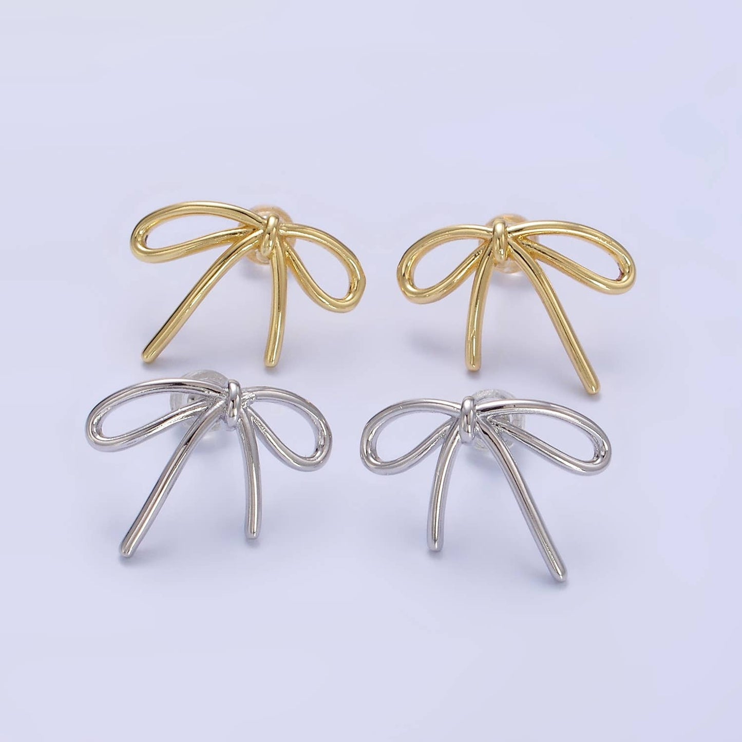 14K Gold Filled Minimalist Tied Ribbon Bow Stud Earrings : Sliver