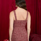 PLAID TWEED BOW DETAIL SLEEVELESS MINI DRESS: BURGUNDY