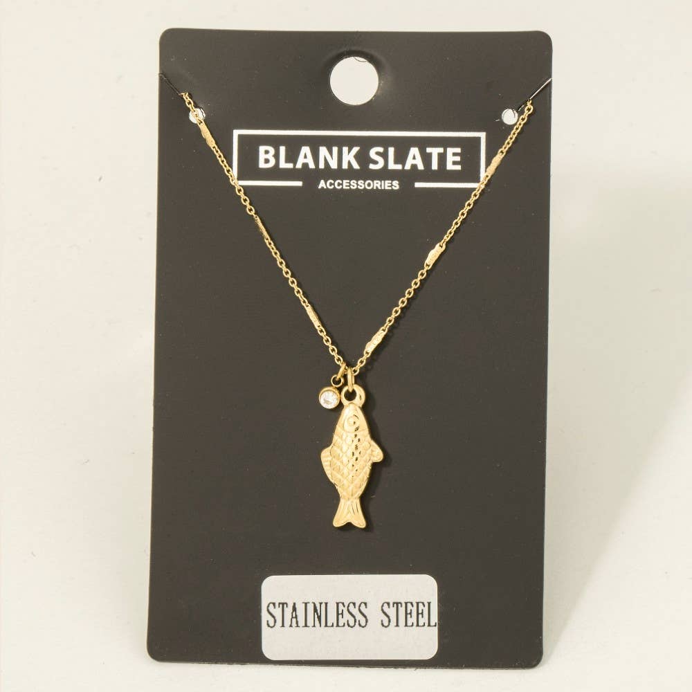 Stainless Steel Fish And Cz Gem Pendant Necklace: G