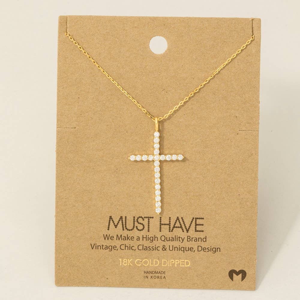 Gold Dipped Pave Cross Pendant Chain Necklace