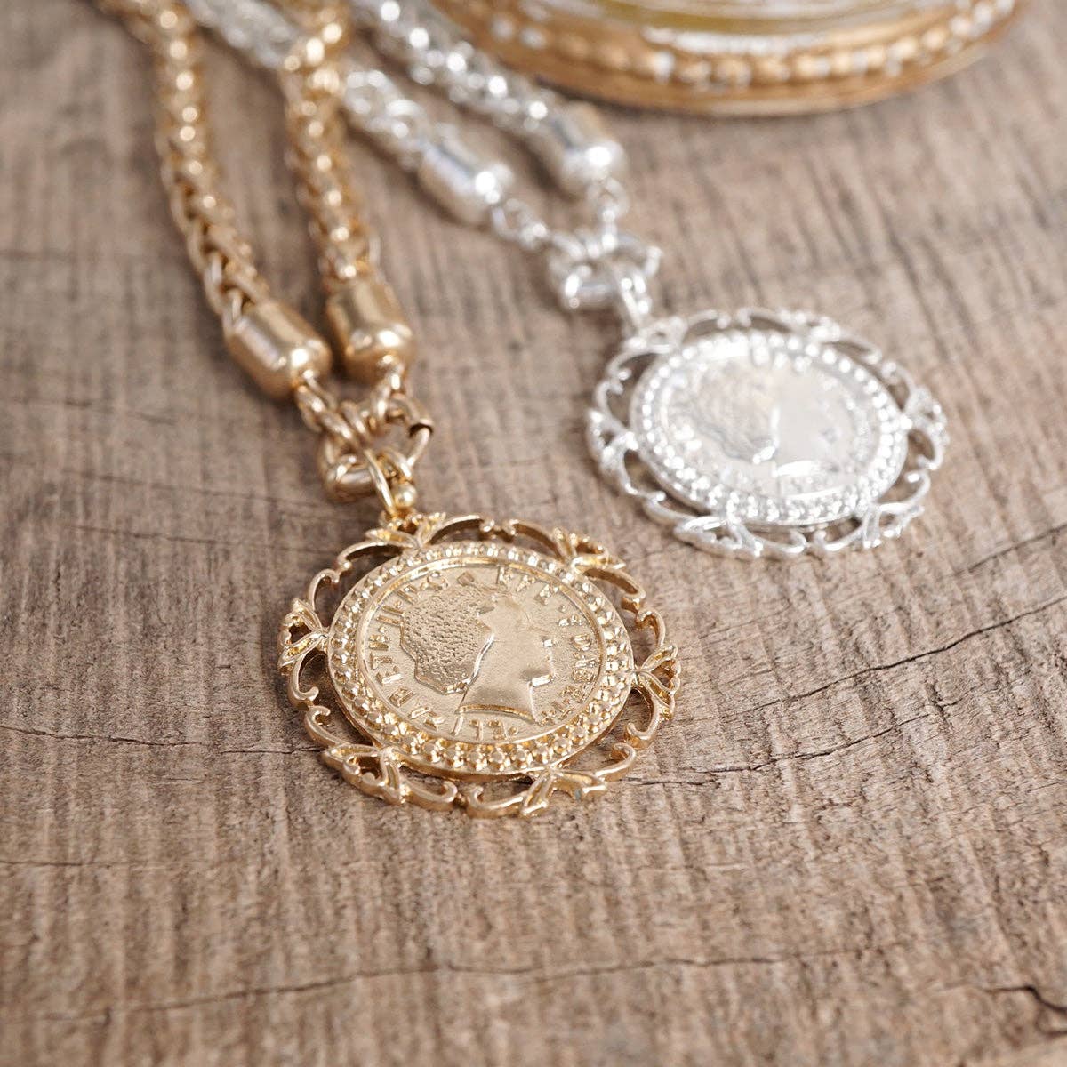 Heirloom Reverie – Ornate Coin Pendant Necklace: Worn Silver Tone