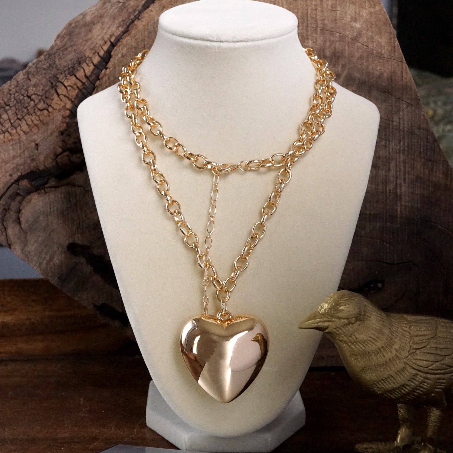 Long Minimal Chain Necklace with Puffy Heart – Gold or Silver Tone: Silver Tone