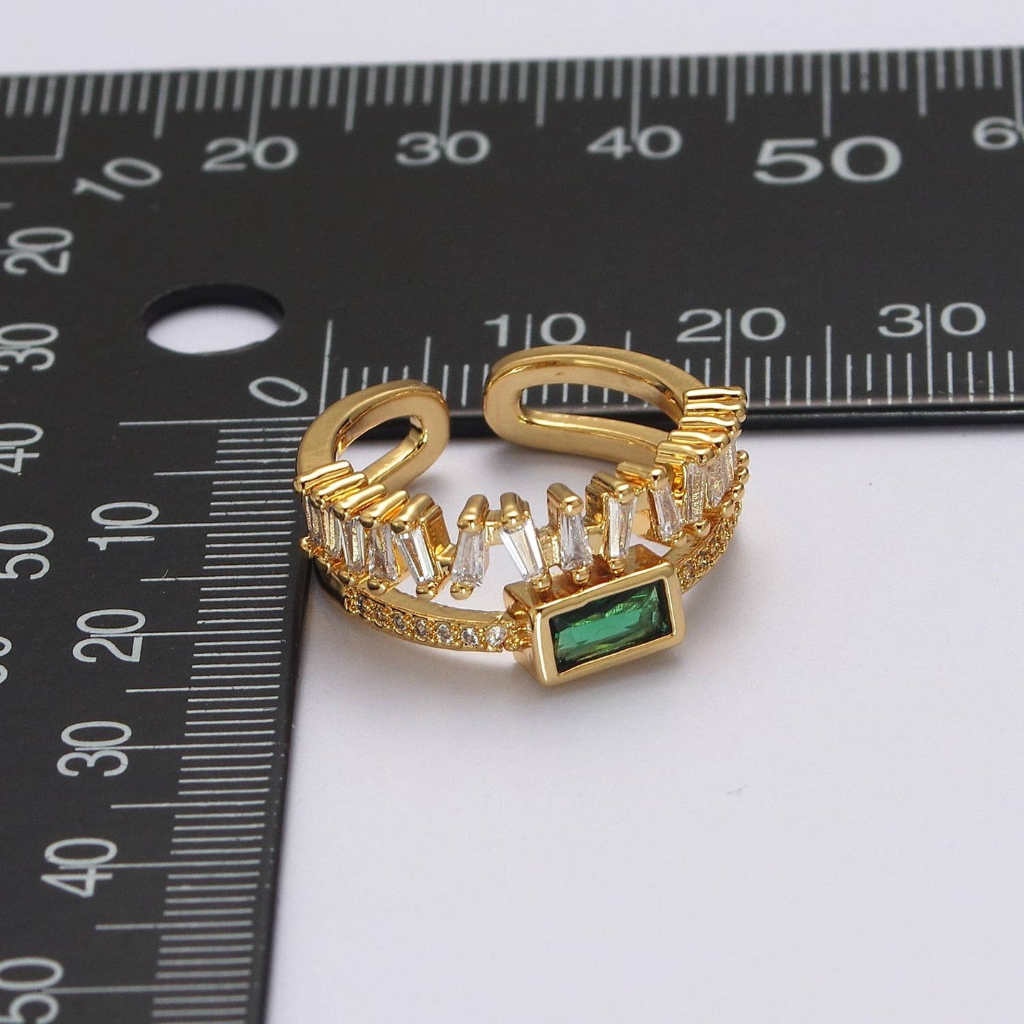 Double Band Baguette Clear CZ Green Emerald Gold Ring