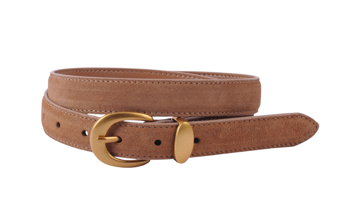 Suede Belt with Curved Gold Buckle | Chic Everyday Accessory: Camel / Medium
