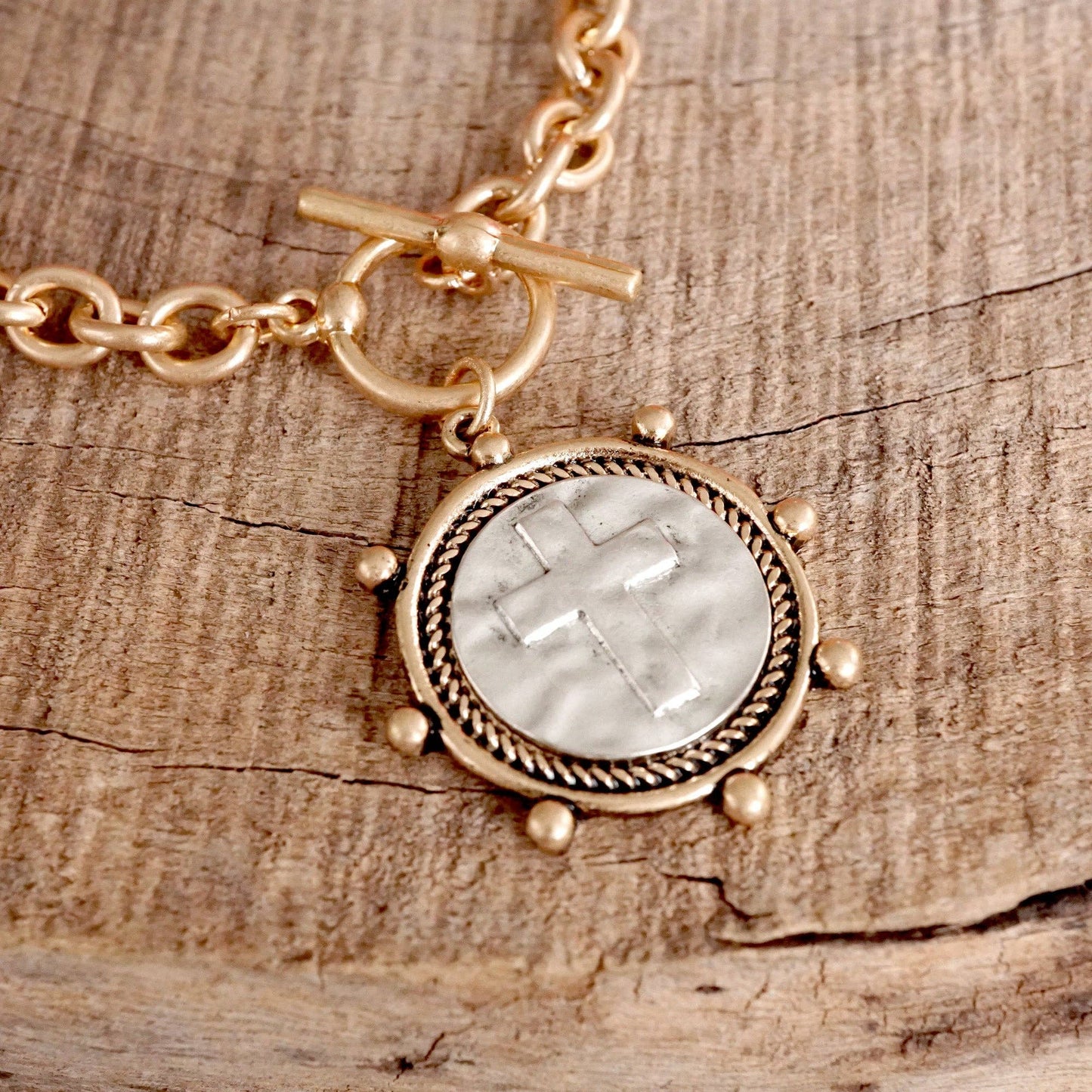 Cross Coin Chain Bracelet Toggle Closure Silver or Gold Tone: Silver Tone