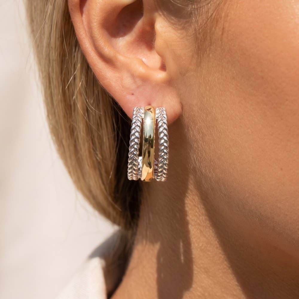 Gold Dipped Two Tone Layer Rope Pattern Drop Earrings