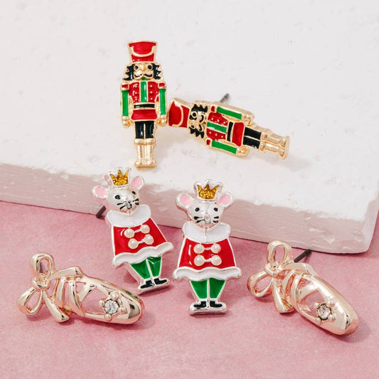 Ballerina Shoes And Christmas Holiday Stud Earrings Set: RED