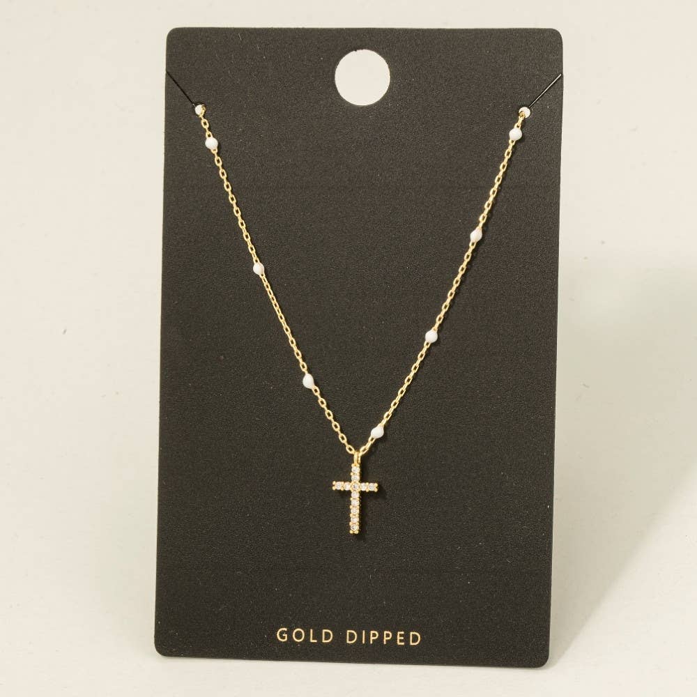 Gold Dipped Station Cz Cross Pendant Necklace: GOLD