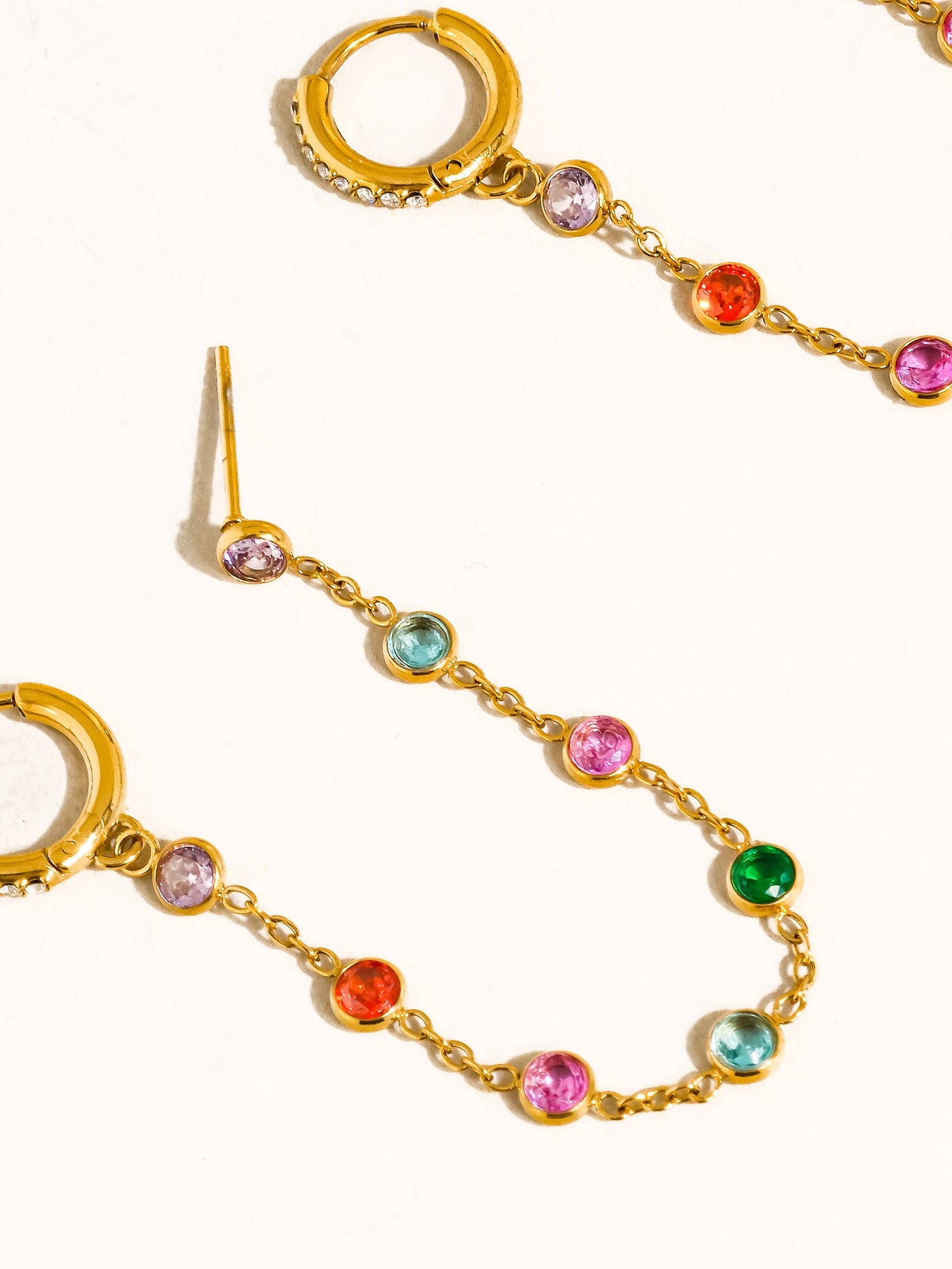 Daffira 18K Gold Non-Tarnish Crystal Chain Link Earrings: Multi-Colored